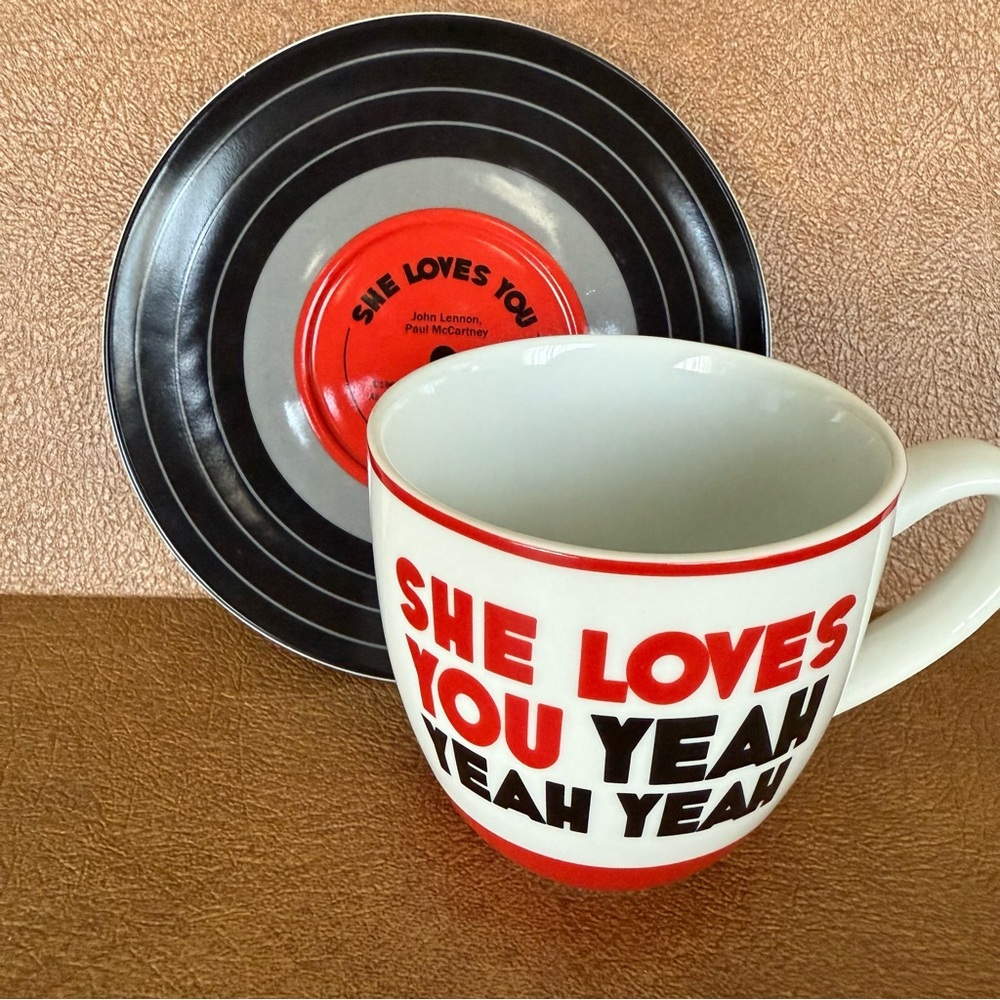 Beatles Cup Saucer Set SHE LOVES YOU Officially Licensed Mug Record Plate Music